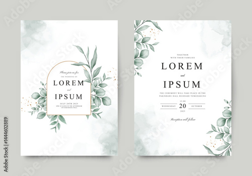 Green leaves arranged elegant wedding invitation card template