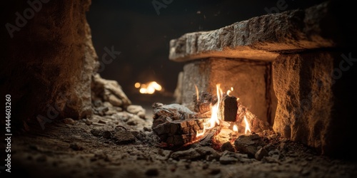 Stone hearth fire burning brightly in darkness.