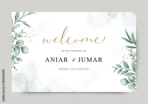 Welcome sign wedding invitation template set with green leaves