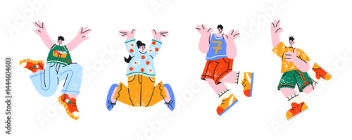 Happy jumping characters in retro cartoon style. Joyful people, expressive poses, cheerful emotions, celebration mood, 90s positive vibe, illustration in retro cartoon style, trendy stickers
