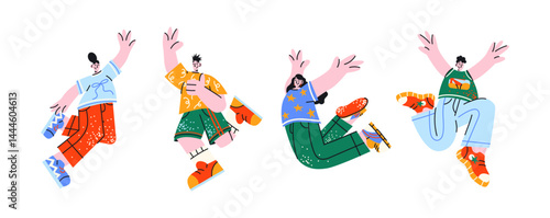 Happy jumping characters in retro cartoon style. Joyful people, expressive poses, cheerful emotions, celebration mood, 90s positive vibe, illustration in retro cartoon style, trendy stickers
