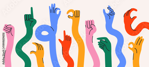 Colorful hand gestures in retro cartoon style. Different poses: pointing, hold, ok, finger snap. Human palms and wrists Illustration in funky, doodle style, trendy sticker set