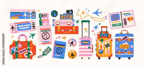 Vacation luggage elements in retro cartoon style. Travel items: suitcases, passports, tickets. Illustration in funky doodle style, trendy sticker set