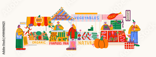 Farmers market, street fair stalls compositions in retro cartoon style. Stalls: fruits, vegetables, meat, fish, eco organic food. Doodle characters mascots buyers and sellers make purchases 