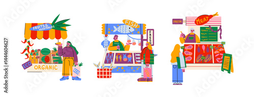 Farmers market, street fair stalls compositions in retro cartoon style. Stalls: fruits, vegetables, meat, fish, eco organic food. Doodle characters mascots buyers and sellers make purchases 