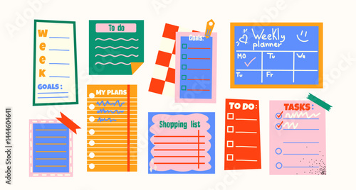 Sticky to do notes and scrapbooking elements in retro cartoon style. Note papers, torn sheets, labels, memo shapes, creative stationery, 90s journal vibe, illustration in retro cartoon style, trendy