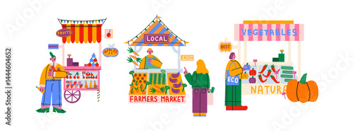 Farmers market, street fair stalls compositions in retro cartoon style. Stalls: fruits, vegetables, meat, fish, eco organic food. Doodle characters mascots buyers and sellers make purchases 