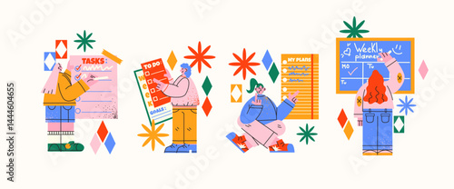 Daily planning scenes in retro cartoon style. Characters writing to-do lists, organizing tasks, goals, weekly plans and schedules. Illustration in funky, doodle style, office planning, productivity.