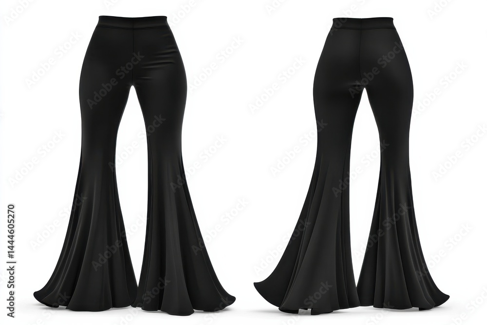 Elegant Black Flare Pants: Front and back views showcase the flowing silhouette of these stylish trousers, perfect for a chic, modern look. Elegant Black Flare Pants: Front and back views showcase the flowing silhouette of these stylish trousers, perfect for a chic, modern look.