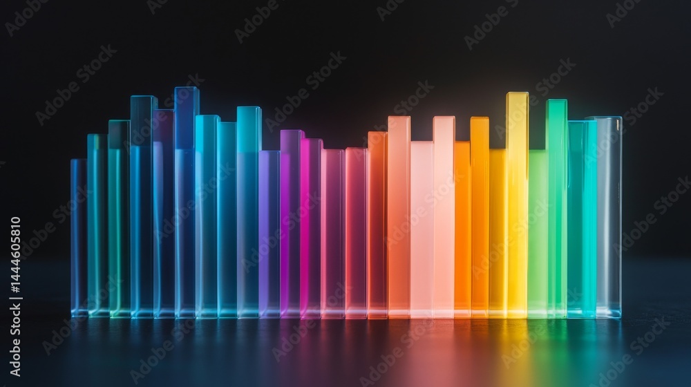 Fototapeta premium Colorful sound wave bars reflecting vibrant hues on a sleek surface.
