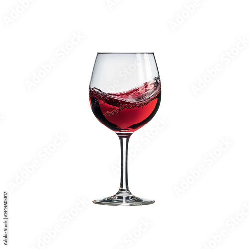 A wine glass filled with red wine, splash effect, highlighting the fluid motion and rich color of the beverage.