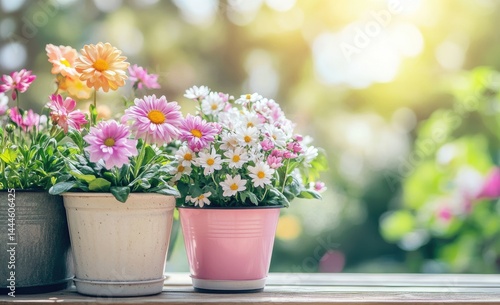 Wallpaper Mural Three potted flower arrangements, vibrant colors, sunny outdoor setting  Delicate daisies,  mixed pinks,  oranges and whites in small planters,  on wooden surface, natural bokeh Torontodigital.ca