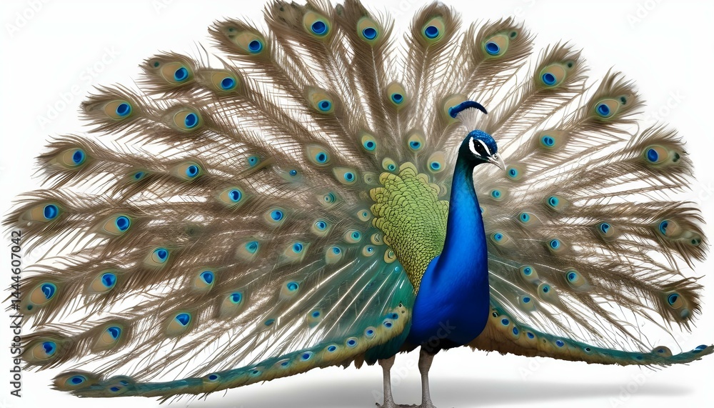 Obraz premium A majestic peacock with stunning, iridescent feathers in full display against a clean, white background.