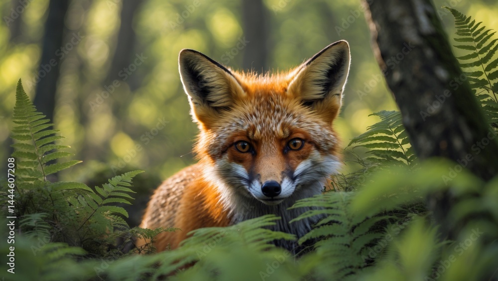 Fototapeta premium A Majestic Red Fox Peering from Lush Green Foliage in a Sun-Dappled Forest