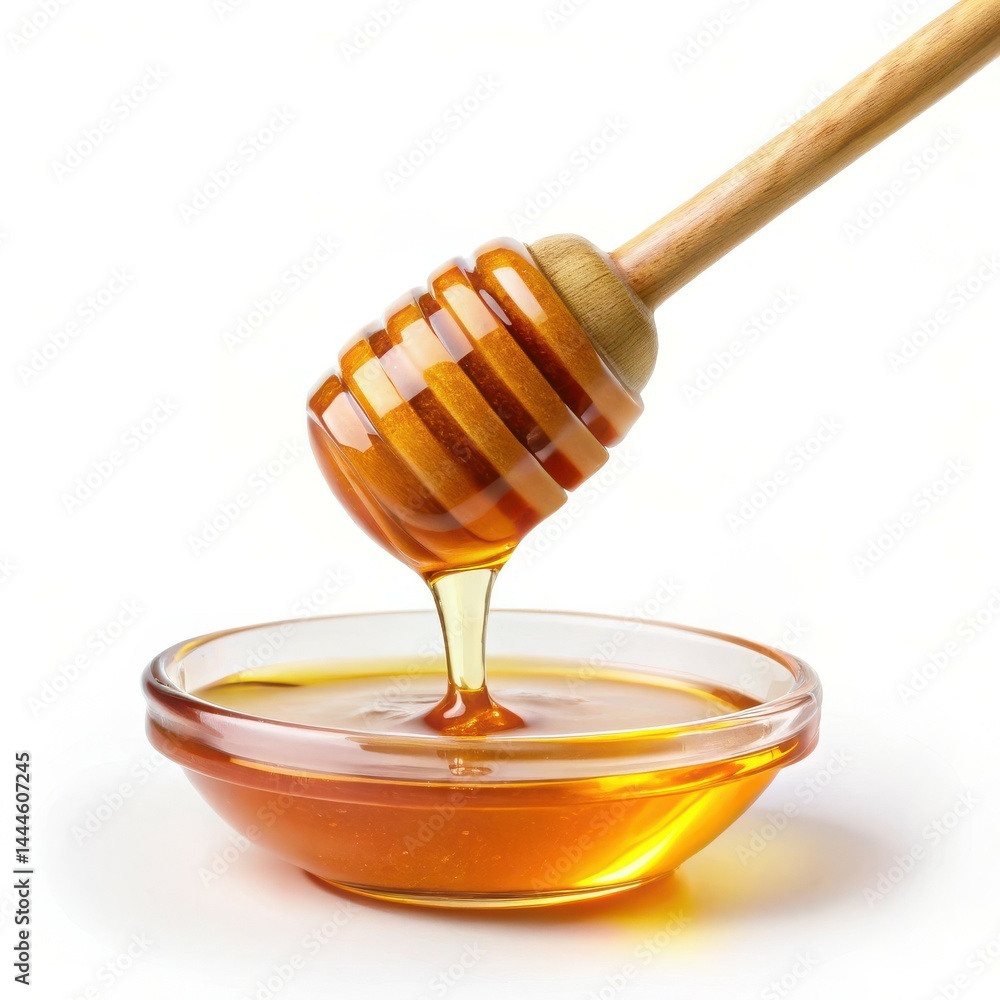 Golden Honey Dripping From Honey Dipper Into A Glass Bowl On White Golden Honey Dripping From Honey Dipper Into A Glass Bowl On White