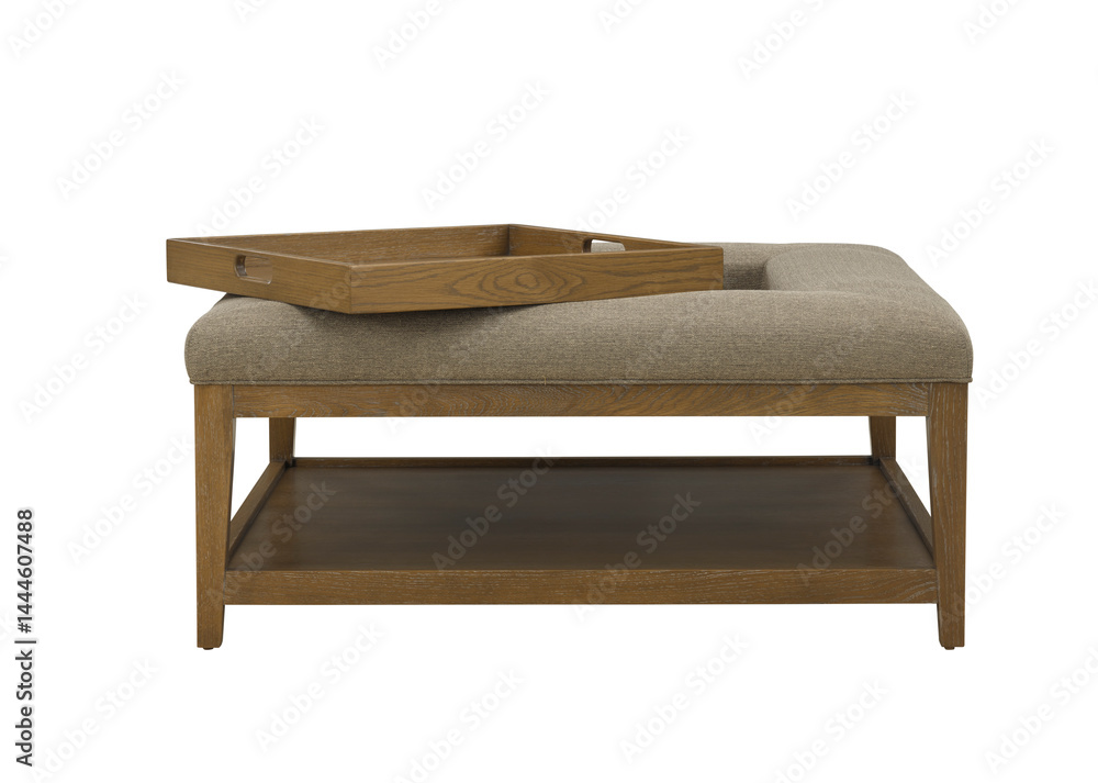 Contemporary square ottoman with wooden tray and lower shelf on white background