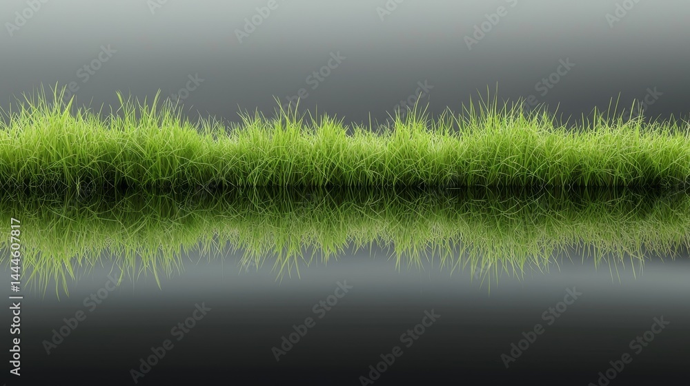 Fototapeta premium Vibrant green grass reflecting beautifully on a calm water surface in natural light.