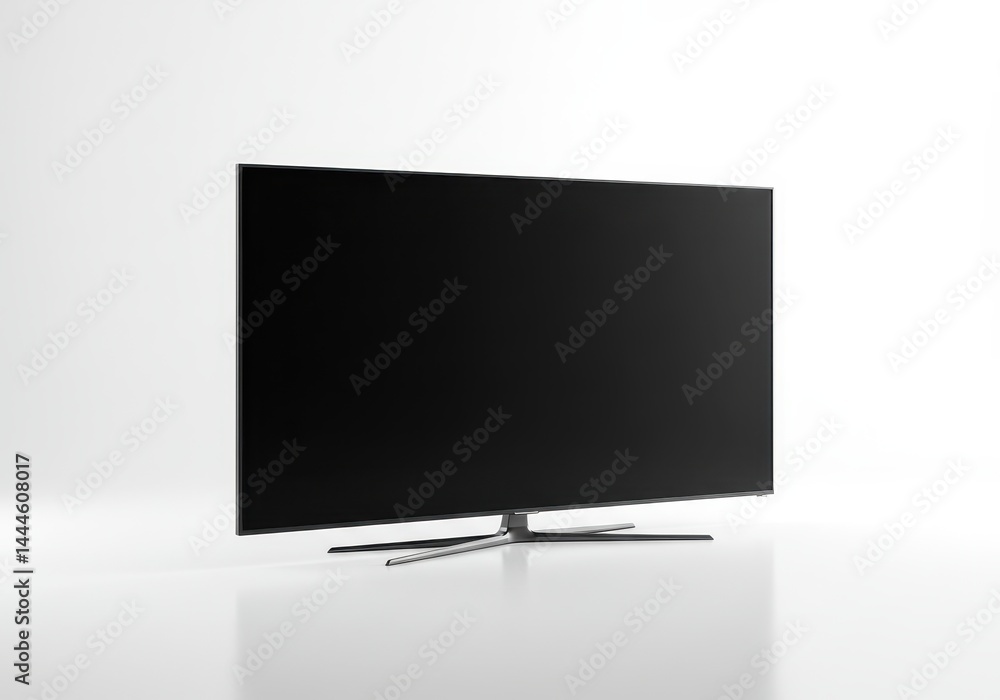 A modern flat screen television with a sleek design standing against a white background in a studio A modern flat screen television with a sleek design standing against a white background in a studio