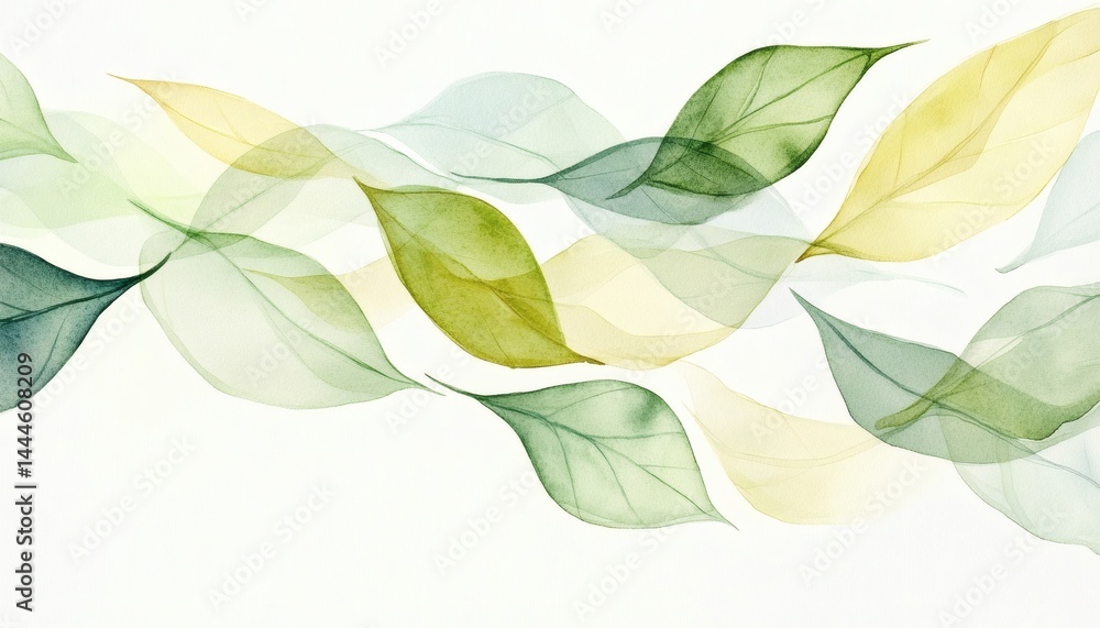 Abstract watercolor illustration of flowing leaves in shades of green and yellow.
