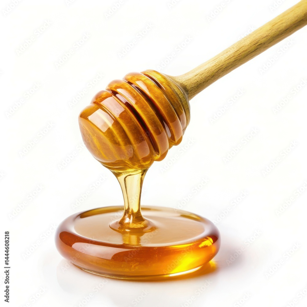 Dripping Honey From Wooden Dipper On White Background Sweet Golden Liquid Dripping Honey From Wooden Dipper On White Background Sweet Golden Liquid
