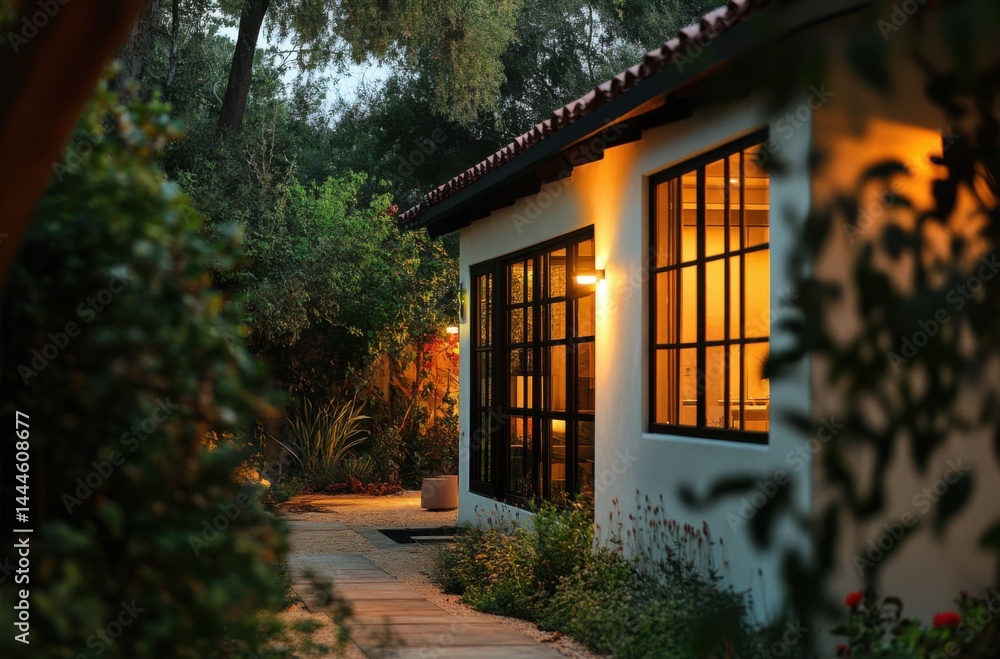 Obraz premium Urban modern LA house with warm lighted pathway,