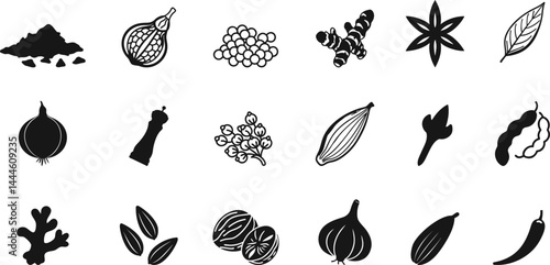 Black spice icon set featuring herbs, seeds, and condiments in a bold silhouette style. Ideal for culinary, recipe, and kitchen-themed designs. Great for food packaging or menus.