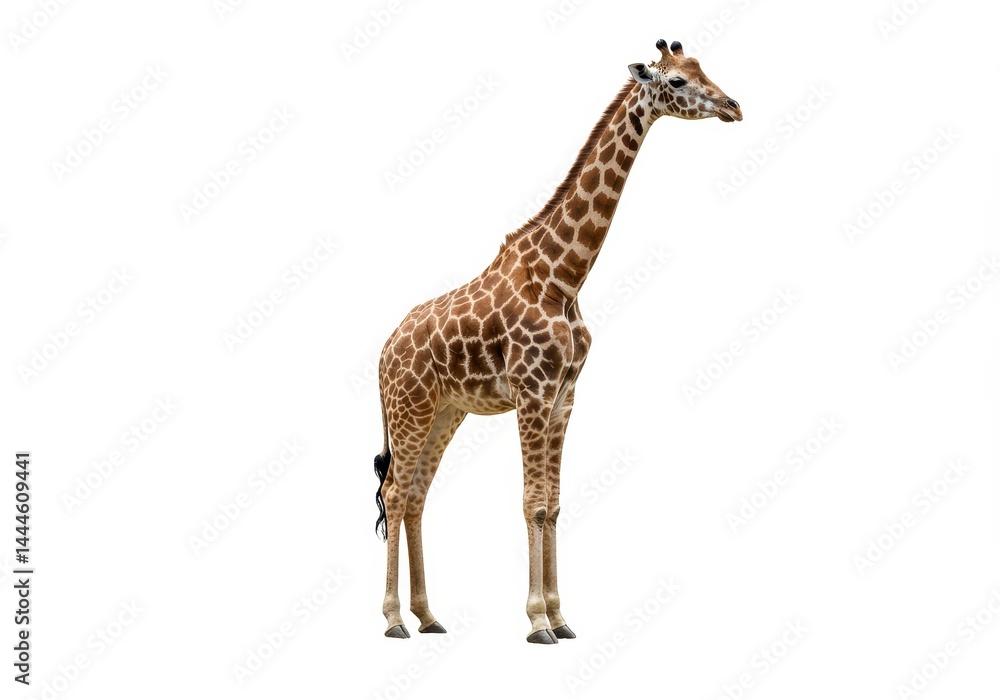 Naklejka premium A full body shot of a giraffe standing tall against a plain white studio background in clear lighting