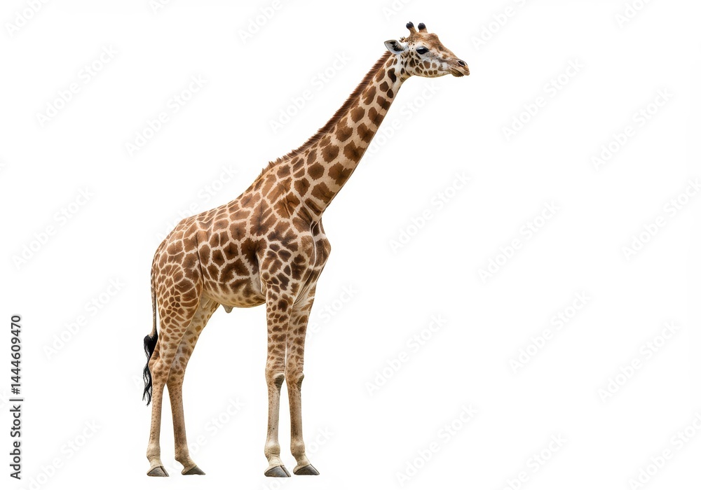 Naklejka premium A full body view of a giraffe with brown spots standing on a white background in a studio setting