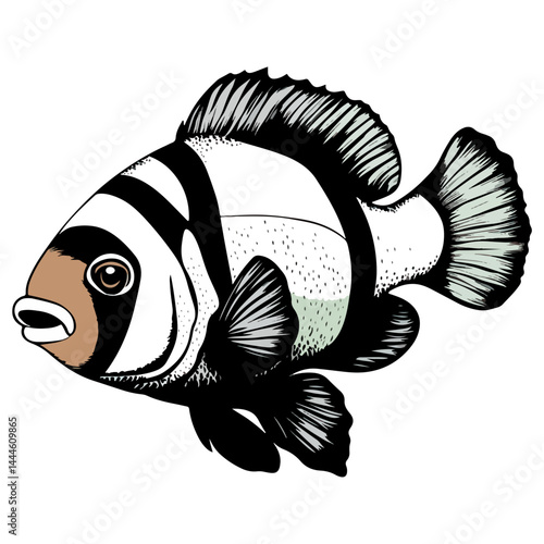 Clown fish, marine life, vector, transparent background, black and white style