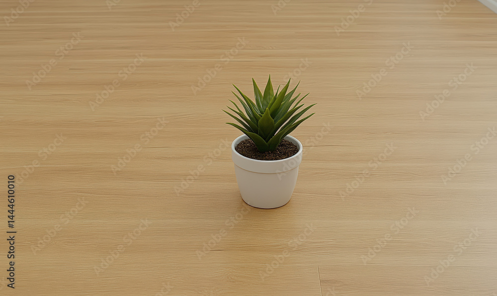 Fototapeta premium Single Green Succulent Plant in White Pot on Smooth Wooden Floor Surrounded by Minimalistic Interior Design and Natural Light