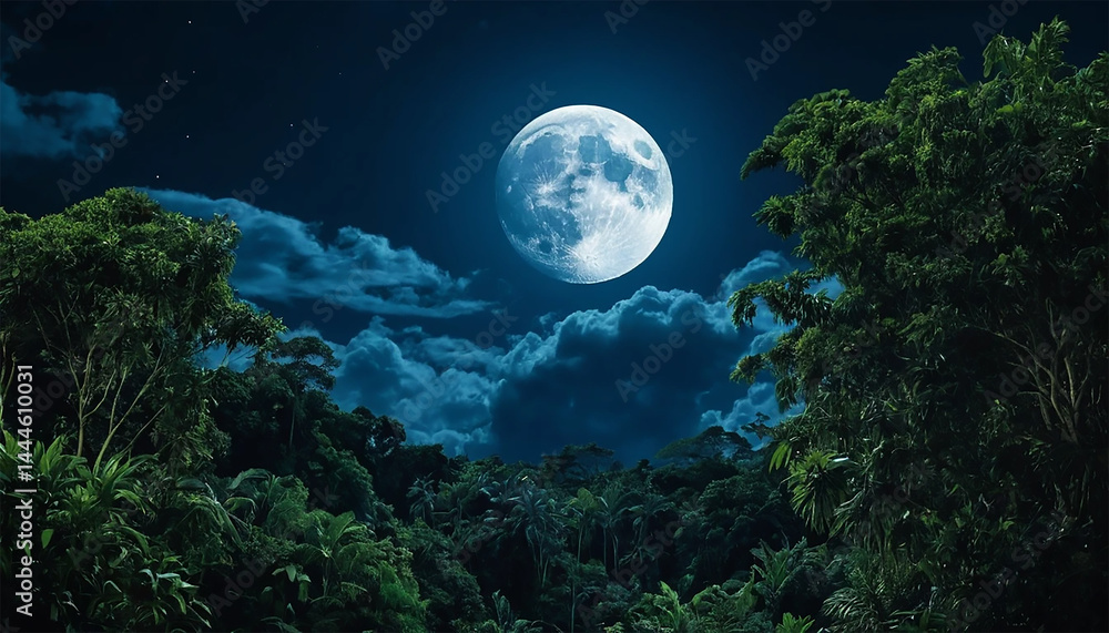 A bright full moon illuminates a dense forest under a clear night sky. A bright full moon illuminates a dense forest under a clear night sky.