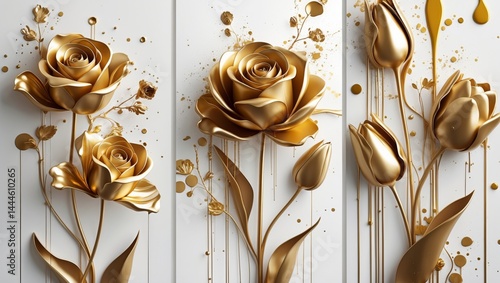 Luxurious illustration of gold roses and tulips with paint splashes and drips on a clean white backdrop for modern decor.