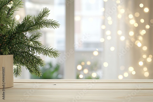 A tabletop display with a potted evergreen branch, soft holiday lighting, and a blurred background of a window