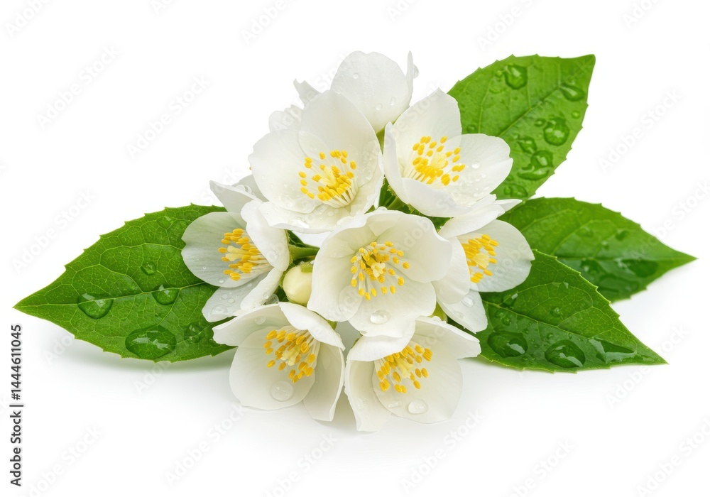 Obraz premium Close up of jasmine flowers with green leaves and water droplets isolated on a white background