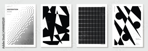 Abstract monochrome poster background vector set. Modern cover template with black and white perspective geometric prism shape, halftone dot, line. Ideal design for social media, banner, ads.