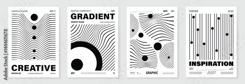 Abstract monochrome poster background vector set. Modern cover template with black and white perspective geometric prism shape, halftone dot, line. Ideal design for social media, banner, ads.