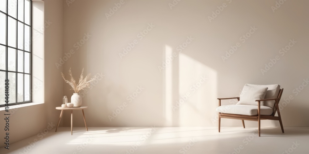 Fototapeta premium A cozy, wooden chair positioned in front of a large window, allowing soft sunlight to stream in, illuminating the space with a warm glow.