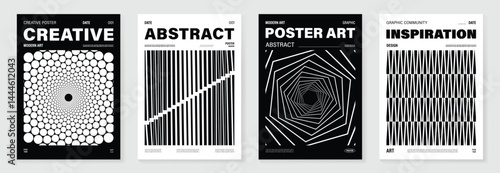 Abstract monochrome poster background vector set. Modern cover template with black and white perspective geometric prism shape, halftone dot, line. Ideal design for social media, banner, ads.