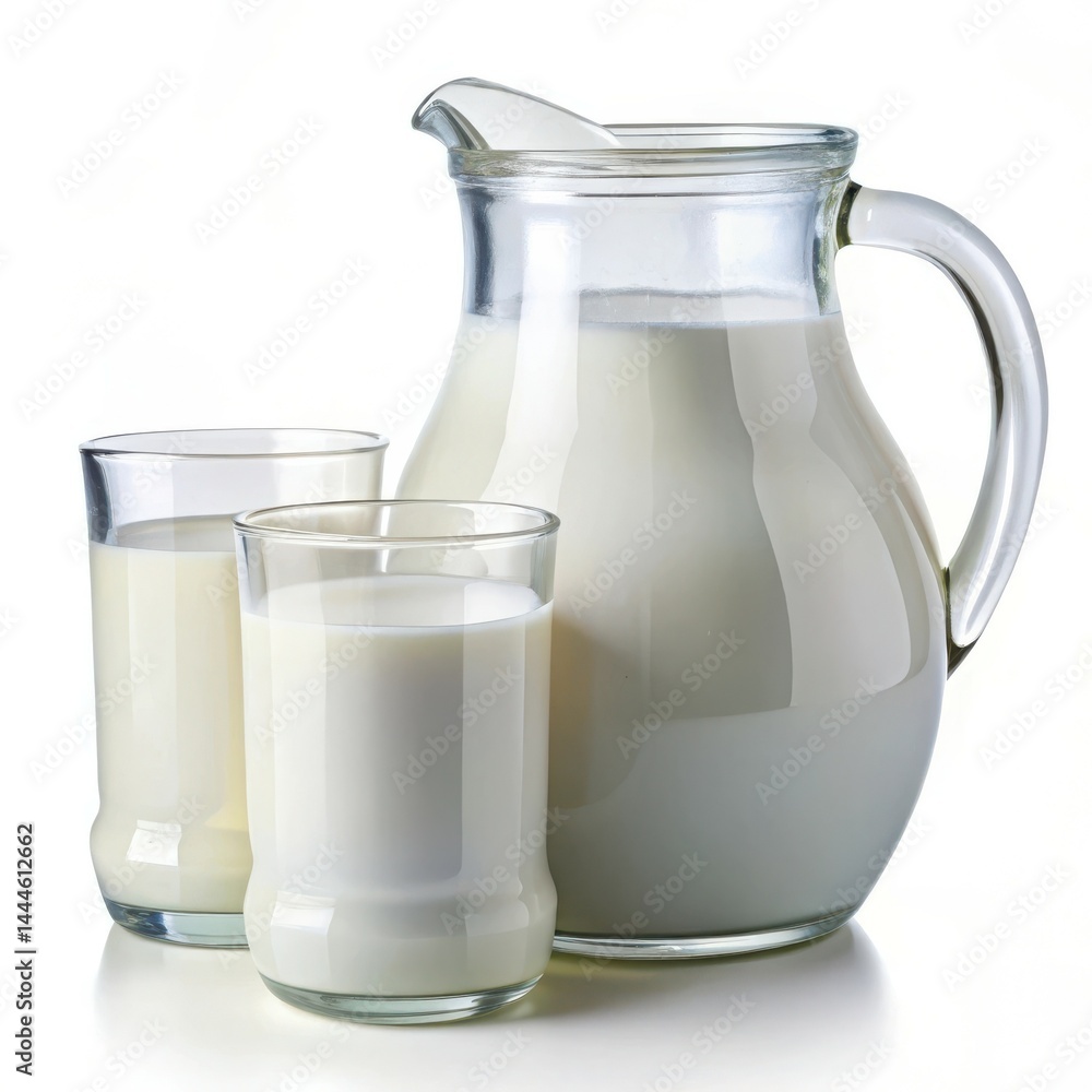 Fresh Milk In Glassware A Pitcher And Two Glasses On White Fresh Milk In Glassware A Pitcher And Two Glasses On White