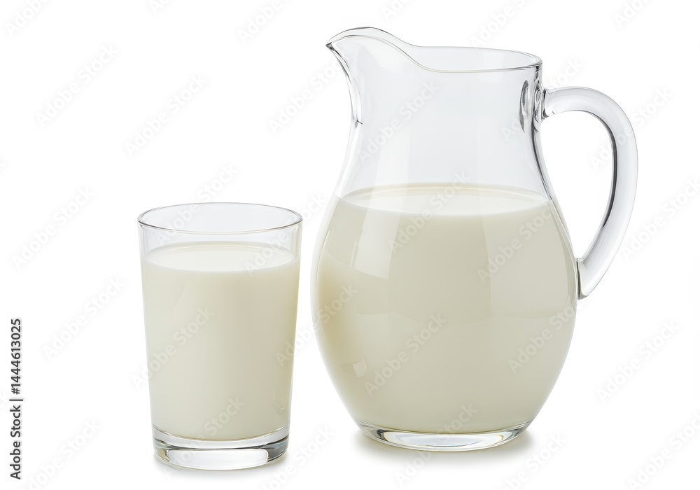 A clear glass pitcher and a glass filled with milk on a white background in a studio setting view A clear glass pitcher and a glass filled with milk on a white background in a studio setting view
