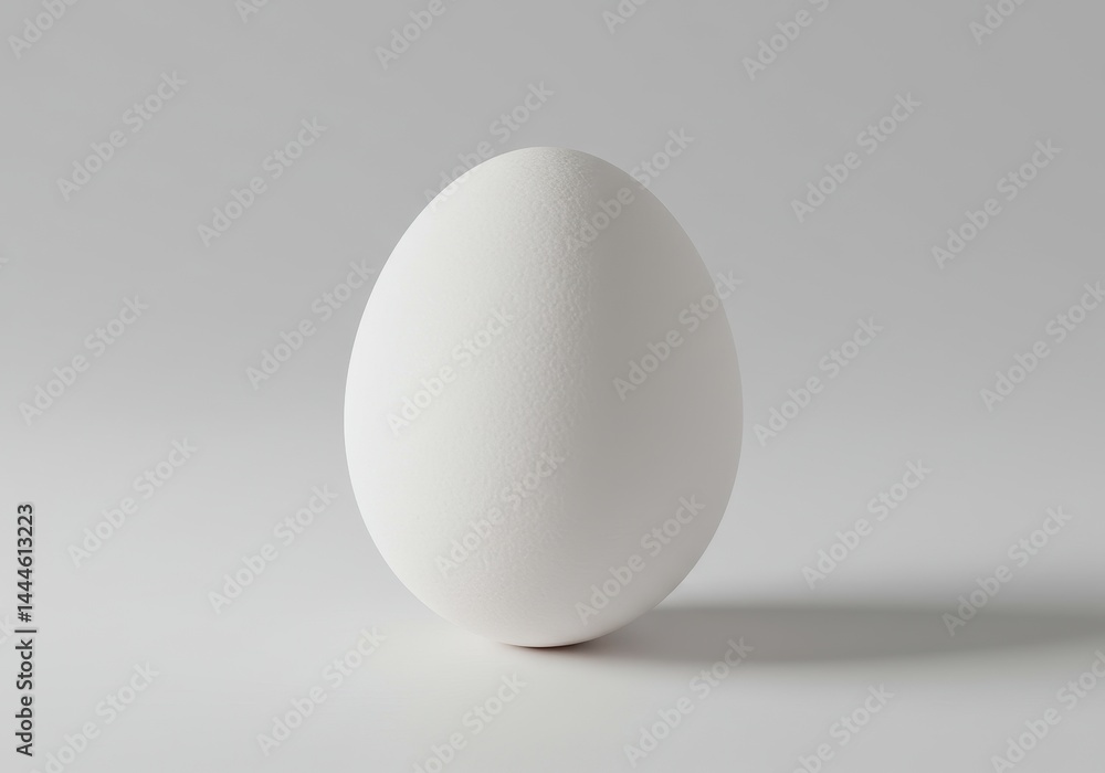A single white egg standing upright against a plain white background in a studio setting with shadow A single white egg standing upright against a plain white background in a studio setting with shadow