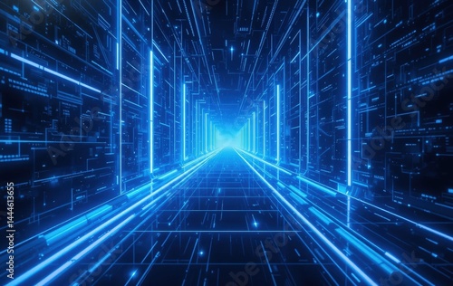 Wallpaper Mural A mysterious dark tunnel illuminated by vibrant glowing lines and soft blue lights, creating an ethereal atmosphere that invites exploration. Torontodigital.ca