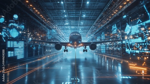 Airplane in a hangar with digital overlays
