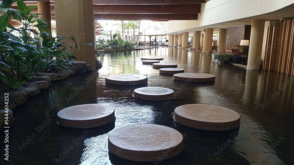 Flooded walkway in hotel area with raised stepping stones