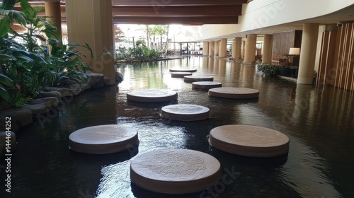 Obraz na płótnie Flooded walkway in hotel area with raised stepping stones w salonie