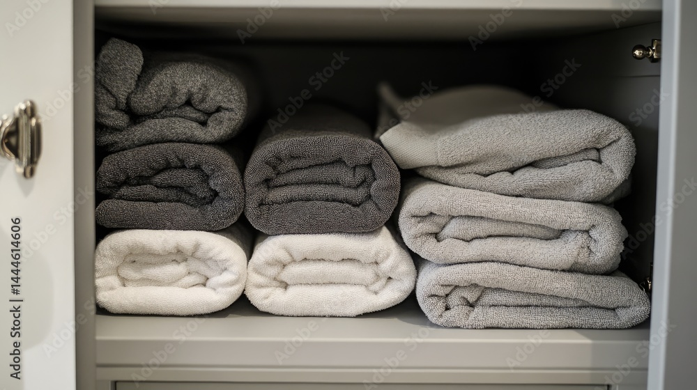 Folded towels and linens stacked in clean hotel cabinet