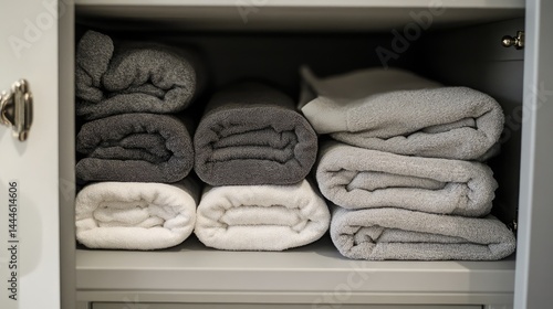 Obraz na płótnie Folded towels and linens stacked in clean hotel cabinet w salonie