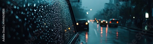 Raindrop on a window featuring sad city mood and water texture concept. Rainy day view from a car window capturing the city streets.