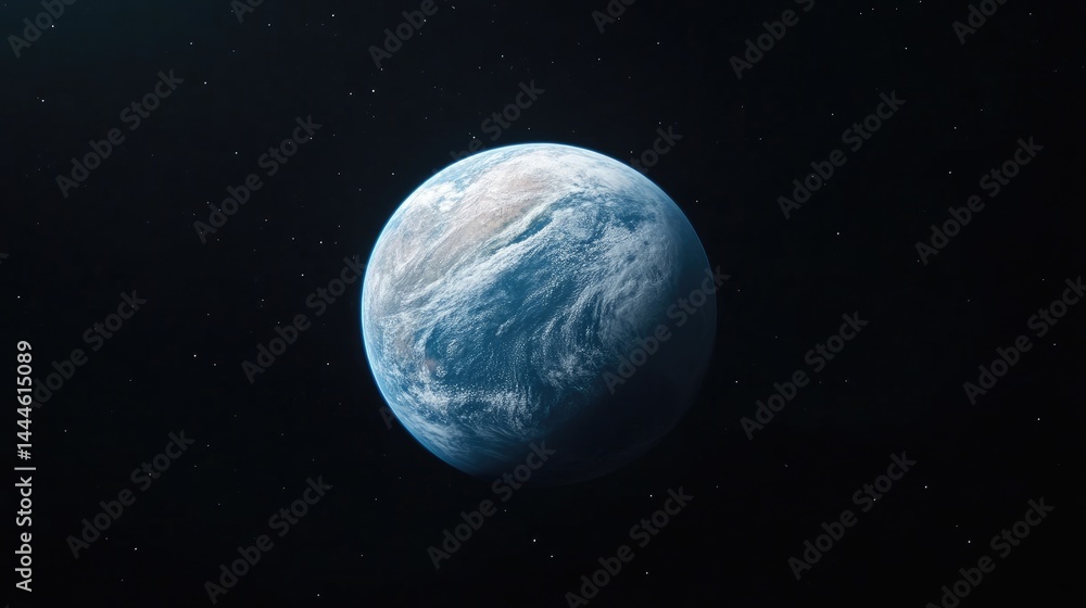 Fototapeta premium Blue planet Earth floating in the dark void of outer space surrounded by distant stars.
