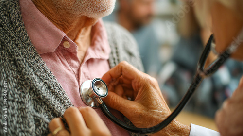 The doctor listens to the patient's heart using a stethoscope. A part of the doctor's face, his hands, a stethoscope and the patient's shirt are visible.